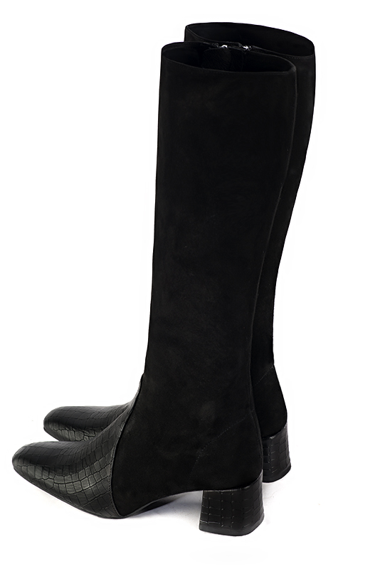 Satin black women's feminine knee-high boots. Square toe. Medium block heels. Made to measure. Rear view - Florence KOOIJMAN